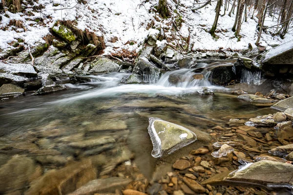 Mountain stream in winter scenery. Prowcza Stream, Bieszczady National Park, Carpathians, Poland. One of the most popular travel destinations in Poland.