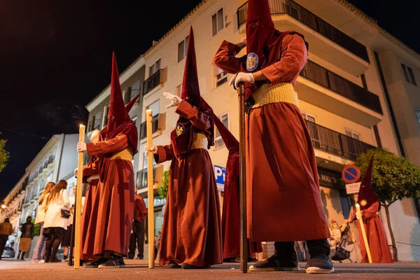 stock image Ronda, Malaga Province, Spain - April 02, 2023: People celebrating Semana Santa in the city street.