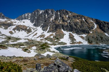 Batizovska vadisindeki Gerlach Dağı ve Batizovske savunması. Tatra Dağları 'nın bahar manzarası, Slovakya