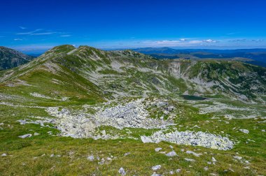 Yaz günü dağ manzarası. Costa Lui Rusçası ve Piatra Taiata Dağı. Parang Dağları, Romanya.