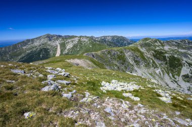 Yaz günü dağ manzarası. Yeşil kayalık dağlar ve mavi bir gökyüzü. Parangul Dağı Mare, Parang Dağları, Romanya.