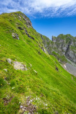 Romanya 'nın Fagaras Dağları' nın yaz manzarası. Balea Gölü ve Transfagarasan Yolu yakınlarındaki yürüyüş parkurundan bir görüntü..