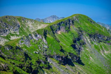 Paltinul Dağı. Romanya 'nın Fagaras Dağları' nın yaz manzarası. Balea Gölü ve Transfagarasan Yolu yakınlarındaki yürüyüş parkurundan bir görüntü..
