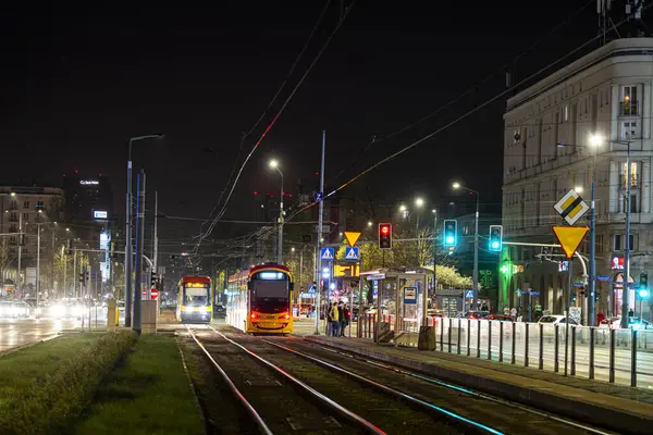 Varşova, Polonya - 30 Mart 2024: Şehir merkezinde gece trafiği.