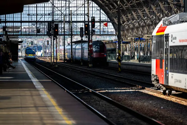 Prag, Çek Cumhuriyeti - 01 Mayıs 2025: Prag Ana İstasyonu yakınlarındaki tren raylarının, anahtarların ve sinyallerin arka planında.
