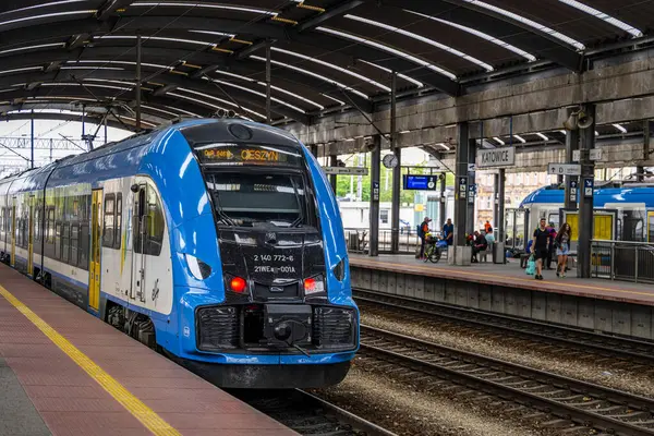 Katowice, Polonya - 03 Mayıs 2025: Katowice 'deki ana tren istasyonunda tren.