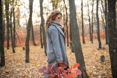 Beyaz elbiseli güzel bir kadın sonbahar parkında beyaz bir köpekle yürüyor. Sarı ormanda köpekli kızıl saçlı bir kız. Lüks bir kadın..