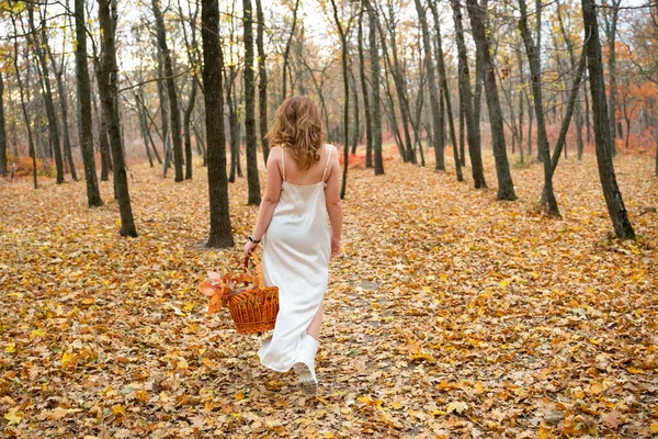Портрет Молодой Рыжеволосой Женщины Осеннем Лесу Девушка Длинном Белом Платье — стоковое фото