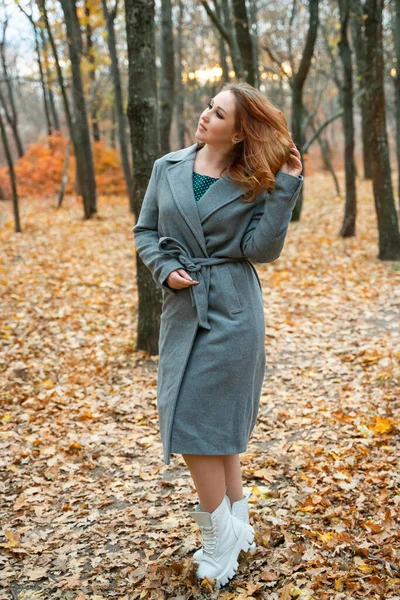 Girl Coat Autumn Forest Redhead Woman Walking Park White Boots — Stock Photo, Image