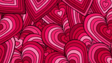 Looped cartoon abstract background of overlapping concentric pink and red hearts.