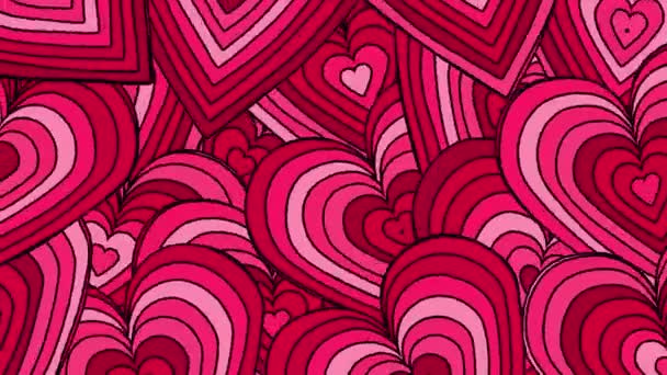 Looped Cartoon Abstract Background Overlapping Concentric Pink Red Hearts — Vídeos de Stock