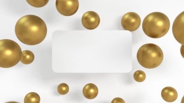 3D animation - White looping animated mockup with a copyspace rectangle and golden spheres around it.