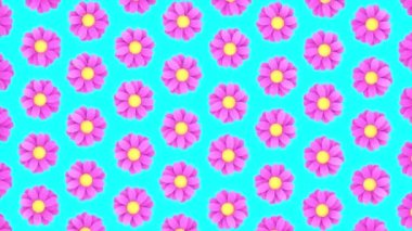3d Animasyon - Mavi arka planda izole edilmiş rastgele dönen pembe çiçeklerin döngülü animasyon deseni.