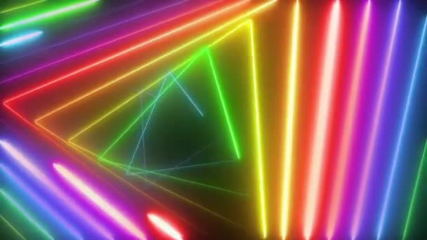 Looping animation of a repeating abstract pattern of neon light triangles with rainbow colors