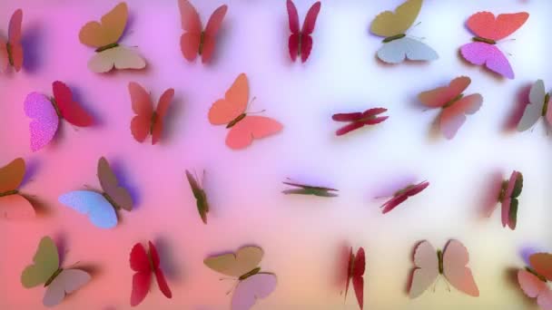 Animación Patrón Colorido Mariposas Satén Encaramadas Una Superficie Que Revolotea — Vídeo de stock