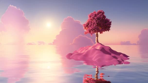 Animacja Relaksująca Scena Nieziemskiego Krajobrazu Morskiego Wyspiarskim Różowym Drzewem Zachodzie — Wideo stockowe