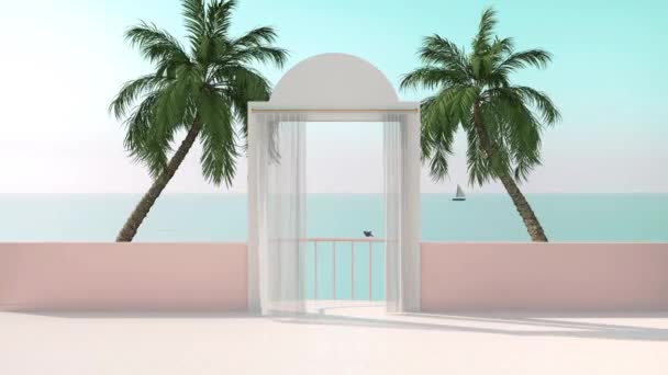 Animation Relaxing Scene Seascape Sunset Bird Some Palm Trees Curtain — Stock Video