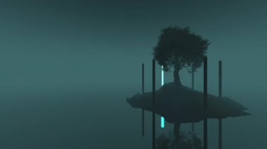 Döngüsü 3D animasyon - Küçük bir adada bir zeytin ağacının gelecekteki karanlık manzarası neon ışıklı tüpler çemberiyle çevrili