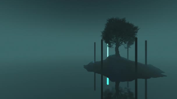 ループブル3Dアニメーション ネオンライトチューブの円に囲まれた小さな島のオリーブの木の未来的な暗い風景 — ストック動画