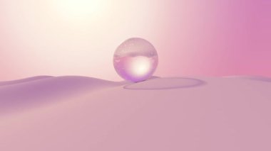 3D animasyon - Gün batımında pembe bir çölde yuvarlanan kristal küre