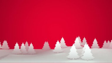3D animasyon - 60 fps 'lik kırmızı arka planda düz beyaz çam ağaçlarının olduğu bir manzaranın canlandırmalı Noel arkaplanı