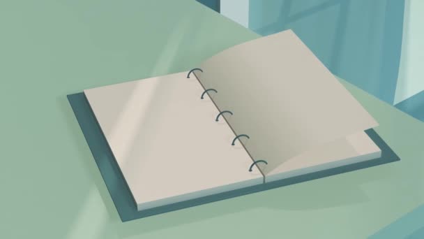 Animacja Obracania Strony Pustego Notatnika Pierścienia Który Jest Stole Obok — Wideo stockowe