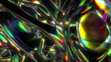 Üç boyutlu animasyon. Döngüleri ve renkli yansımaları olan soyut metalik koyu doku.
