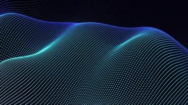 Akışkan bir şekil olarak hareket eden koyu arkaplandaki parlayan noktaların soyut arkaplanındaki yenilenmiş fütüristik kurumsal teknoloji.