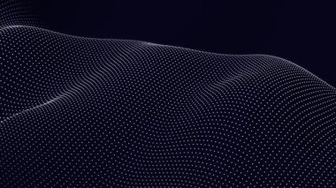 Akışkan bir şekil olarak hareket eden koyu arkaplandaki parlayan noktaların soyut arkaplanındaki yenilenmiş fütüristik kurumsal teknoloji..