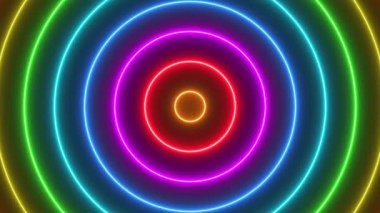 Siyah arkaplanda gökkuşağı renkleri olan eşmerkezli neon ışık çemberlerinin döndürülmüş animasyon arkaplanı
