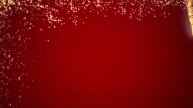 Pürüzsüz 60 fps parlayan bir noel yıldızının kırmızı zemin üzerinde karenin sınırını takip eden altın parçacıkları ile canlandırması