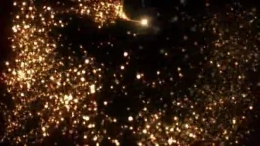 60 fp 'lik siyah arkaplanda altın parçacıklardan oluşan kuyruğu olan parlak bir Noel yıldızının döngü animasyonu.