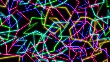 Siyah arkaplan üzerindeki renkli geometrik neon çizgilerinin soyut arkaplanı canlandırılmış döngüsü.