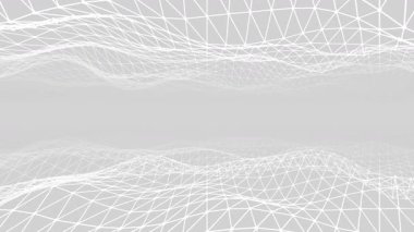 3D animasyon: Kablolu ve dalgalı geometrik ağ desenli döngülü beyaz bir tünelin modern soyut teknolojik gri arka planı