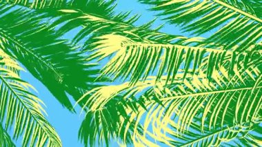 Stili Sarı ve Yeşil Palmiye Yaprakları Mavi Tropikal Arkaplanda Sallanırken 3D Animasyon