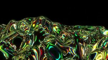 Esmer Arkaplan Üzerine Renkli Neon Yansımaları ile Iridescent Sıvı Metalik Dokusunun Soyut 3B Döngüleme Animasyonu