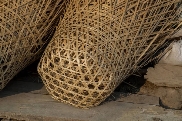 Stock image Traditional Bamboo Basket Woven from Bamboo Stripe, ASIAN Local Culture Handicraft Equipment and Design