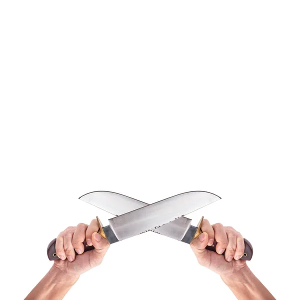 Взрослый Мужчина Держит Большие Острые Ножи Обеими Руками Isolated White — стоковое фото
