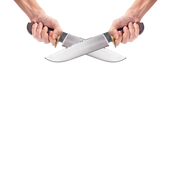 Dospělý Muž Drží Velké Ostré Nože Oběma Rukama Izolovaném Bílém — Stock fotografie