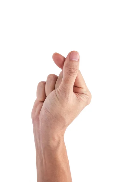 Mini Hjärttecken Vuxen Man Hand Manikyr Gesturing Isolated Vit Bakgrund — Stockfoto