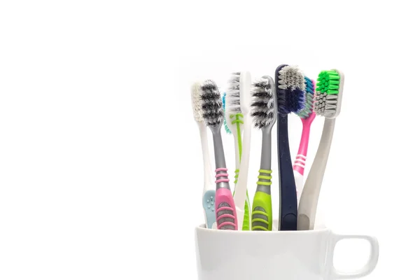 Pile Used Dirty Toothbrush Isolated White Background Unhealthy Oral Health — Stock Photo, Image