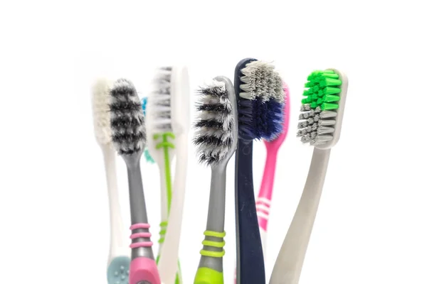 Close Pile Used Dirty Toothbrush Isolated White Background Unhealthy Oral — Stock Photo, Image