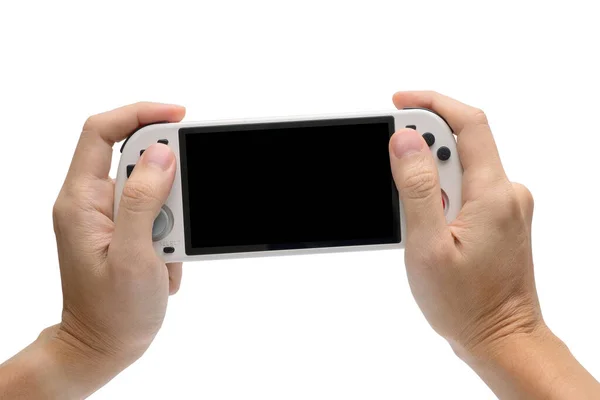 Adulto Homem Jogando Handheld Game Console Fundo Branco Isolated Dispositivo — Fotografia de Stock