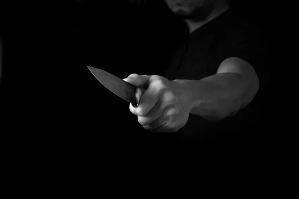 Black White Adult Man Håller Sharp Knife Skuggan Begreppet Bild — Stockfoto