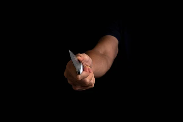Adult Man Holding Sharp Knife Shadow Imaginea Unui Criminal Ucigaș — Fotografie, imagine de stoc