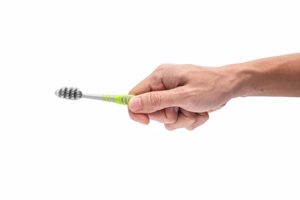 Homem Adulto Segurando Escova Dentes Velha Fundo Branco Isolated — Fotografia de Stock