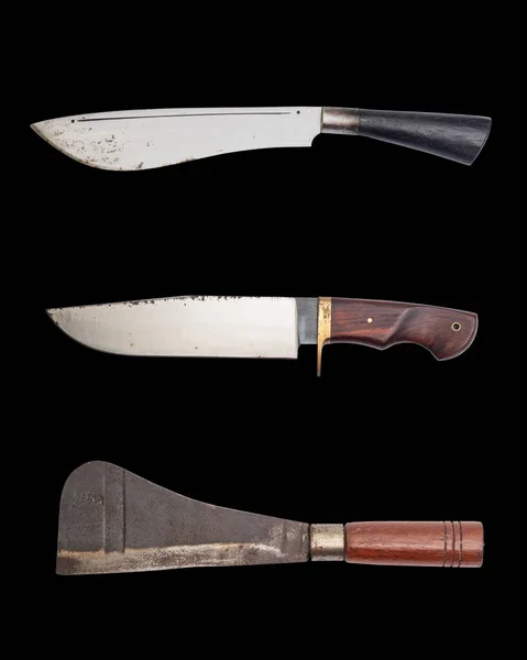 Olika Typer Big Knife Isolated Svart Bakgrund — Stockfoto