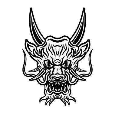 Beyaz üzerinde izole edilmiş klasik tek renkli Japon ejderha baş vektör illüstrasyonu