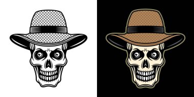 Hasır şapka vektör illüstrasyonunda çiftçi kafatası iki stilde siyah beyaz ve koyu arkaplanda renkli