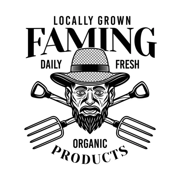 Çiftçilik Vektör Amblemi Logo Rozet Veya Etiketi Ile Çiftçi Başı — Stok Vektör